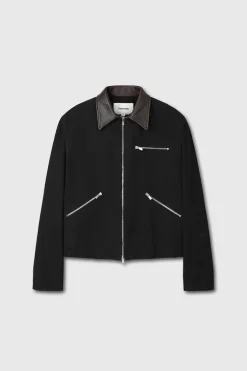 LEATHER COLLAR GARMENT-WASHED ZIP WORK JACKET