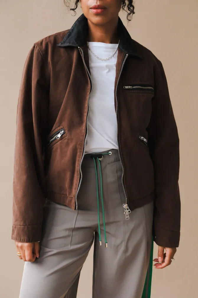 LEATHER COLLAR GARMENT-WASHED ZIP WORK JACKET