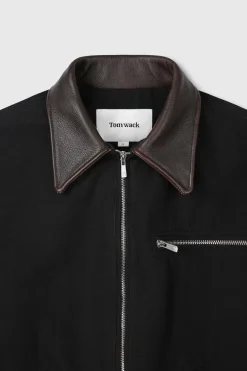 LEATHER COLLAR GARMENT-WASHED ZIP WORK JACKET