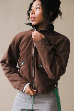 LEATHER COLLAR GARMENT-WASHED ZIP WORK JACKET