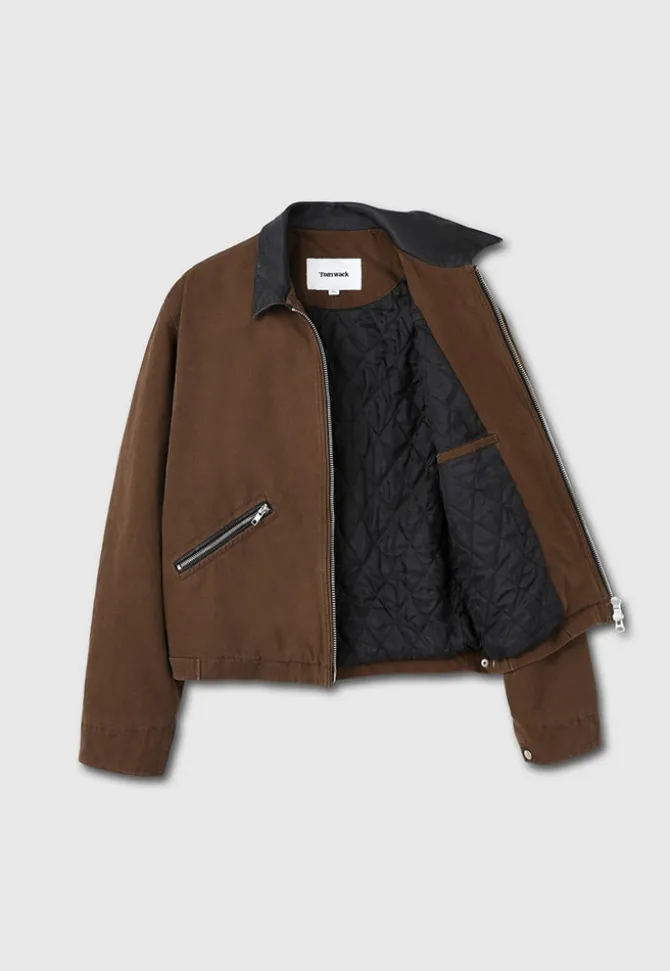 LEATHER COLLAR GARMENT-WASHED ZIP WORK JACKET
