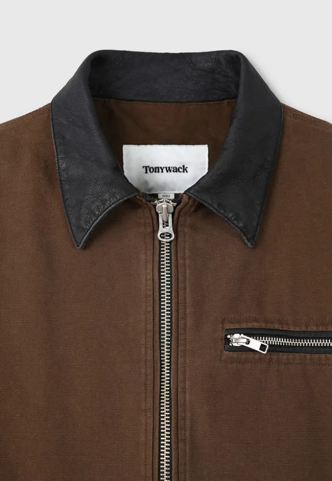 LEATHER COLLAR GARMENT-WASHED ZIP WORK JACKET