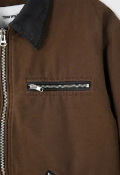 LEATHER COLLAR GARMENT-WASHED ZIP WORK JACKET