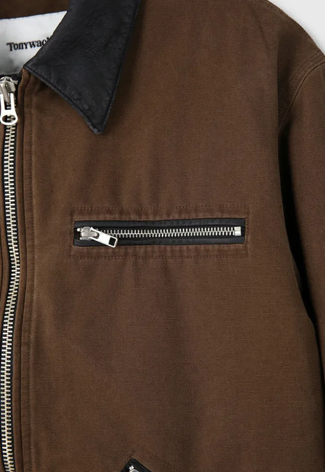 LEATHER COLLAR GARMENT-WASHED ZIP WORK JACKET