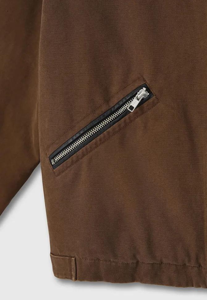 LEATHER COLLAR GARMENT-WASHED ZIP WORK JACKET