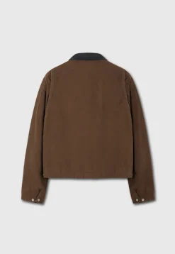 LEATHER COLLAR GARMENT-WASHED ZIP WORK JACKET