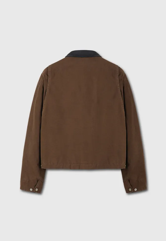 LEATHER COLLAR GARMENT-WASHED ZIP WORK JACKET