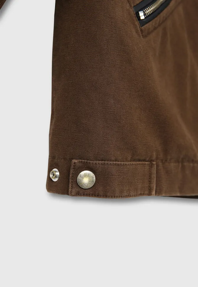 LEATHER COLLAR GARMENT-WASHED ZIP WORK JACKET