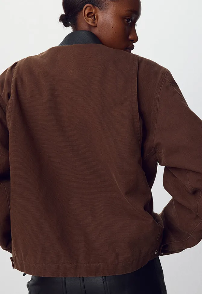 LEATHER COLLAR GARMENT-WASHED ZIP WORK JACKET