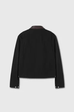 LEATHER COLLAR GARMENT-WASHED ZIP WORK JACKET