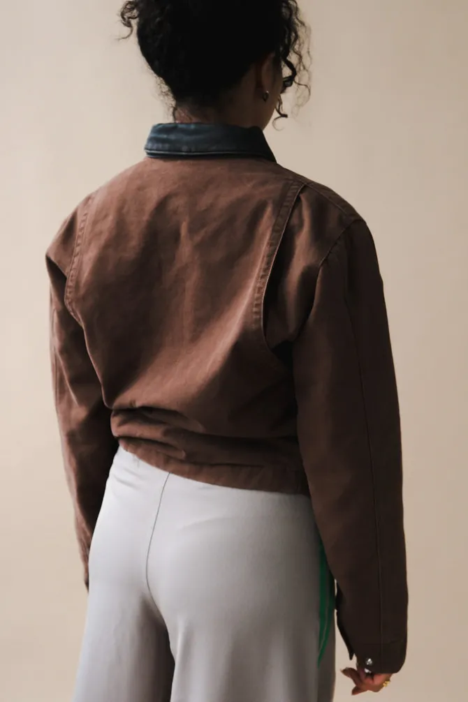 LEATHER COLLAR GARMENT-WASHED ZIP WORK JACKET