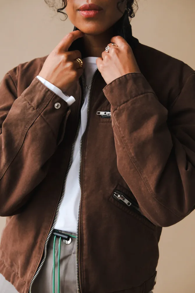LEATHER COLLAR GARMENT-WASHED ZIP WORK JACKET