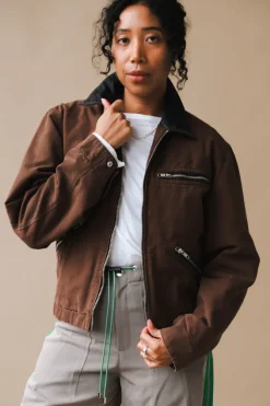 LEATHER COLLAR GARMENT-WASHED ZIP WORK JACKET