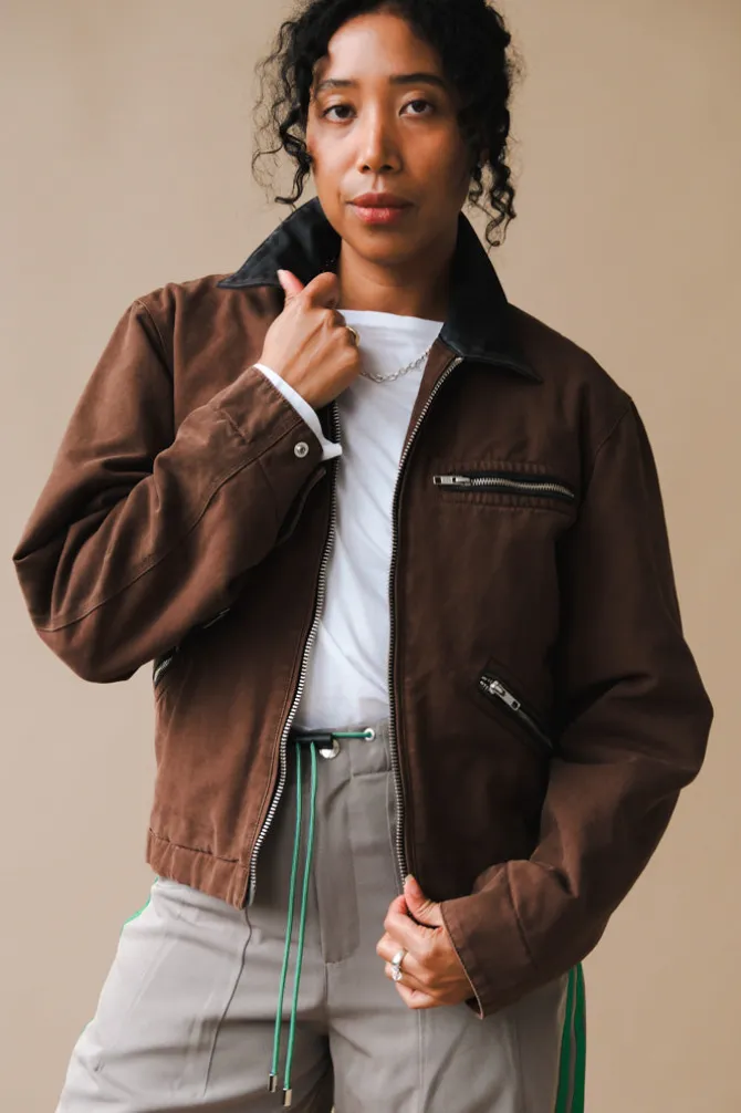 LEATHER COLLAR GARMENT-WASHED ZIP WORK JACKET