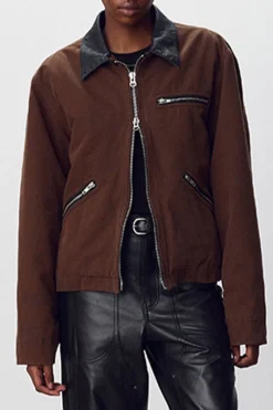 LEATHER COLLAR GARMENT-WASHED ZIP WORK JACKET
