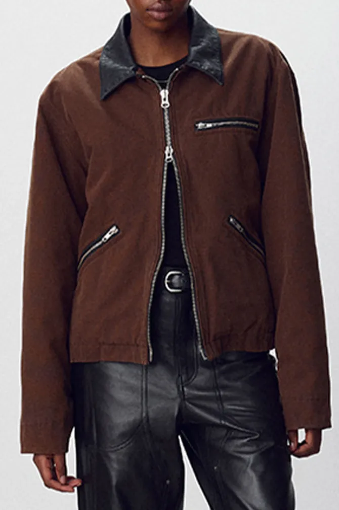 LEATHER COLLAR GARMENT-WASHED ZIP WORK JACKET