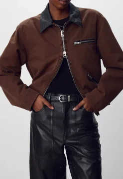LEATHER COLLAR GARMENT-WASHED ZIP WORK JACKET