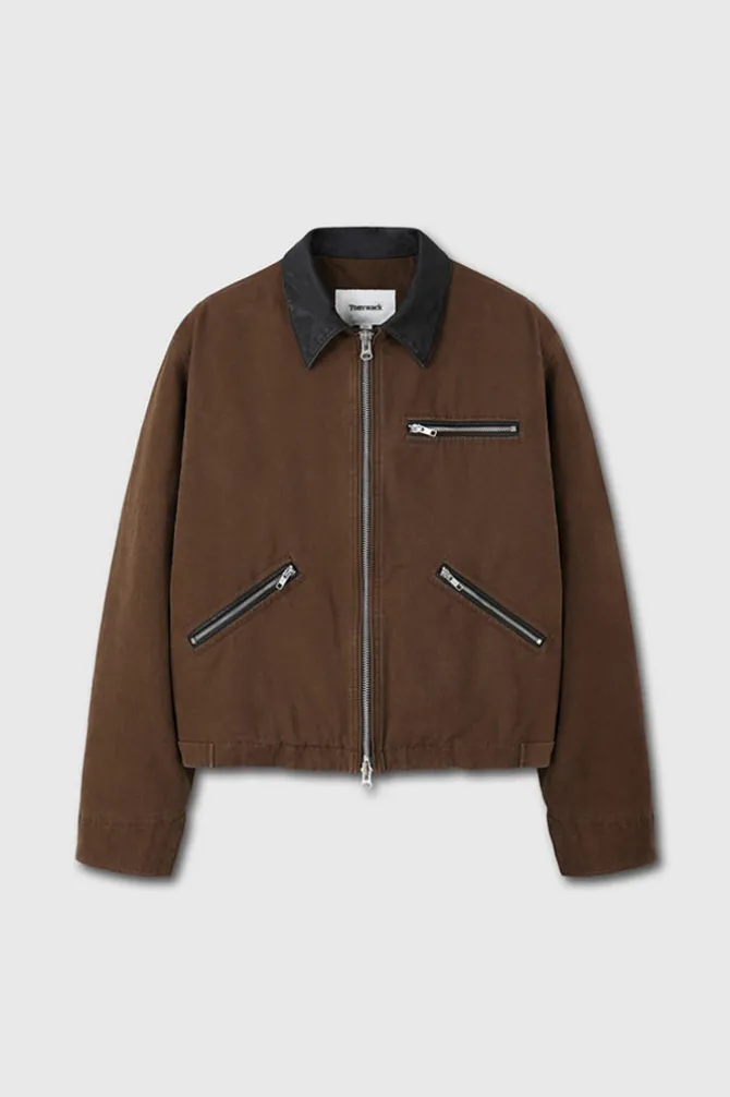 LEATHER COLLAR GARMENT-WASHED ZIP WORK JACKET