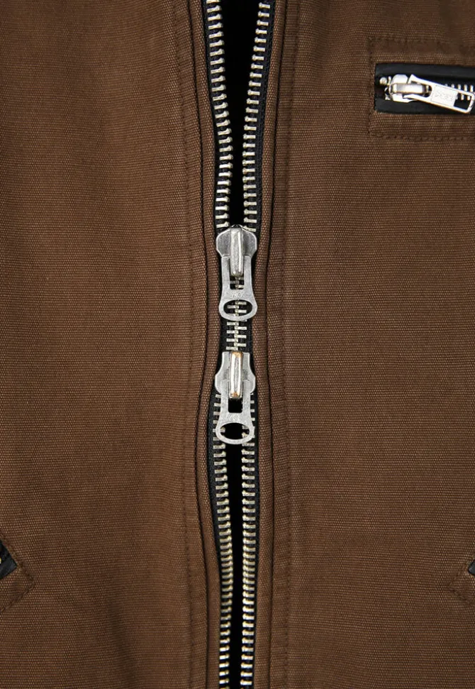 LEATHER COLLAR GARMENT-WASHED ZIP WORK JACKET